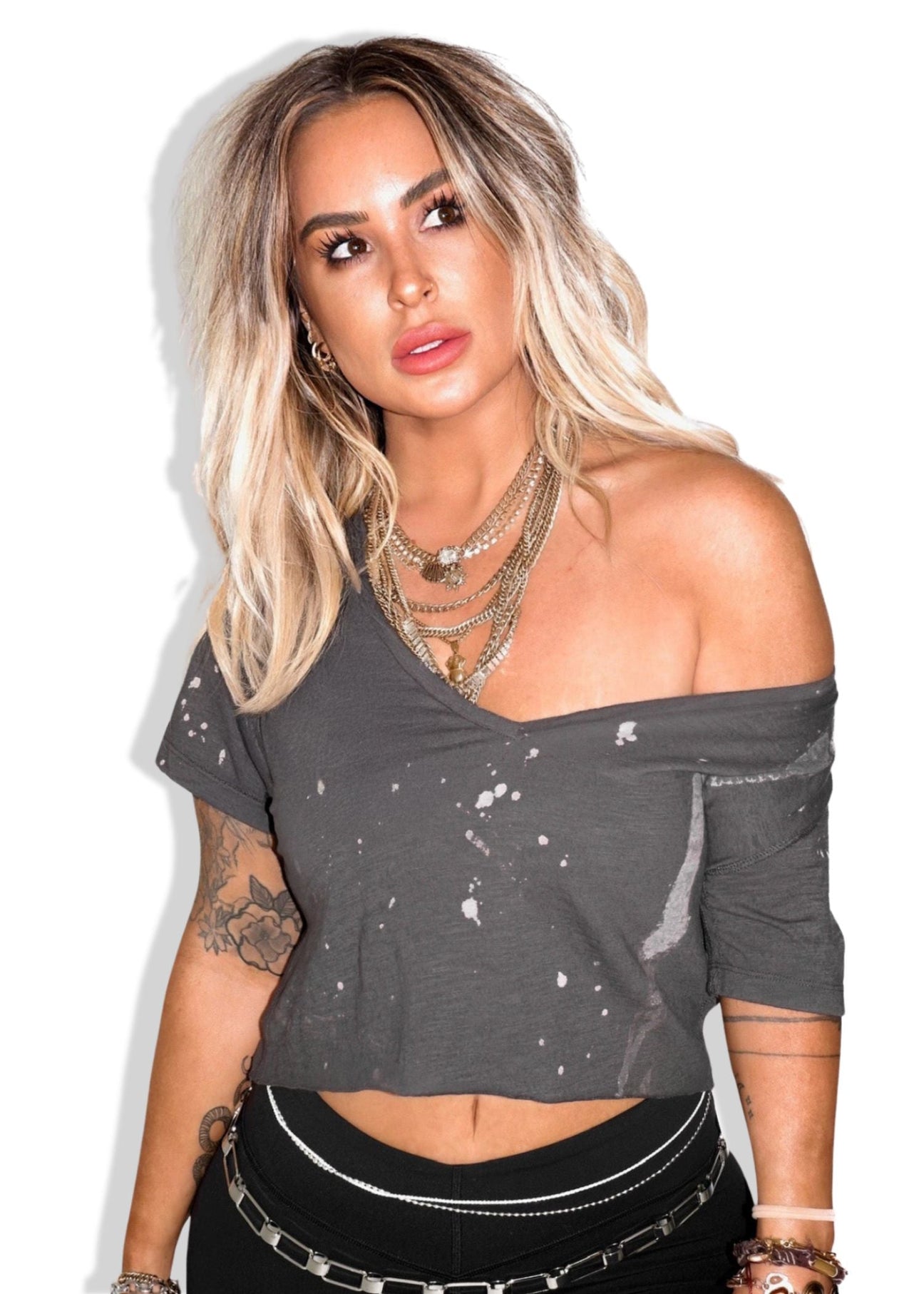 pebby forevee V-Neck Short Sleeve Top CROPPED PREMIUM PLUNGE V-NECK BLEACHED OUT SIDE SLIT TOP
