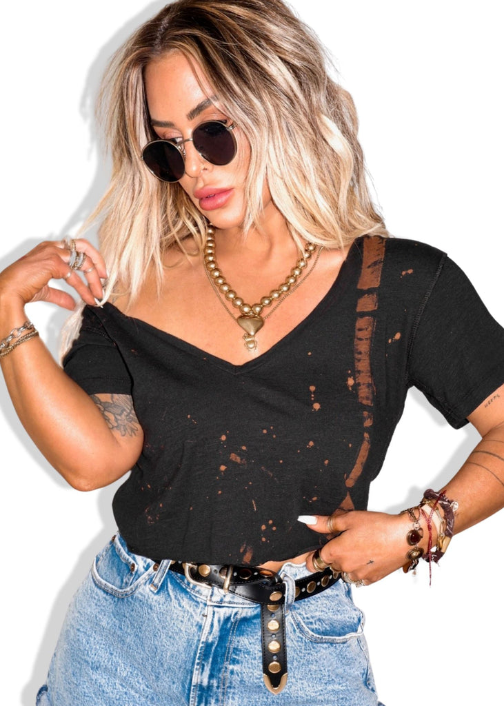 pebby forevee V-Neck Short Sleeve Top CROPPED PREMIUM PLUNGE V-NECK BLEACHED OUT SIDE SLIT TOP