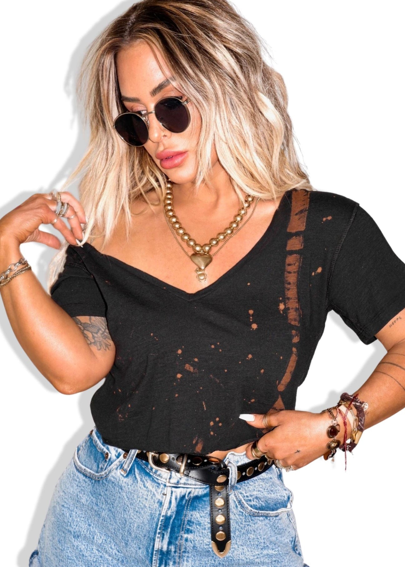 pebby forevee V-Neck Short Sleeve Top CROPPED PREMIUM PLUNGE V-NECK BLEACHED OUT SIDE SLIT TOP
