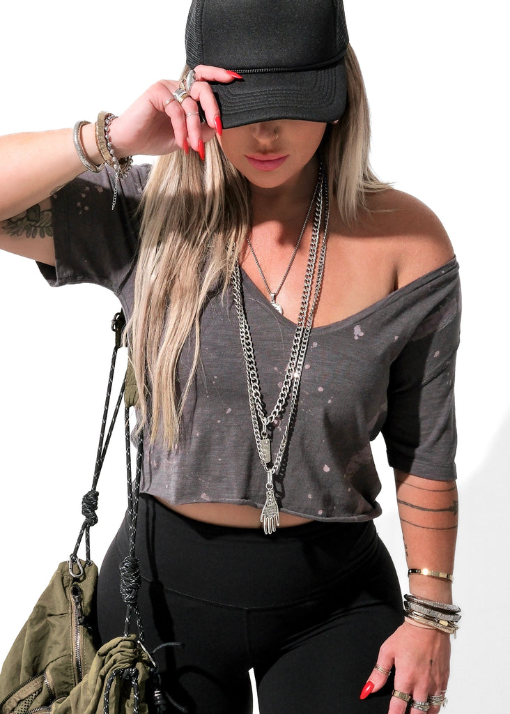 pebby forevee V-Neck Short Sleeve Top CROPPED PREMIUM PLUNGE V-NECK BLEACHED OUT SIDE SLIT TOP