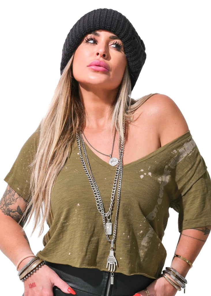 pebby forevee V-Neck Short Sleeve Top CROPPED PREMIUM PLUNGE V-NECK BLEACHED OUT SIDE SLIT TOP