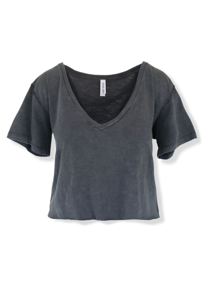 pebby forevee V-Neck Short Sleeve Top CROPPED PREMIUM PLUNGE V-NECK MINERAL WASHED SIDE SLIT TOP