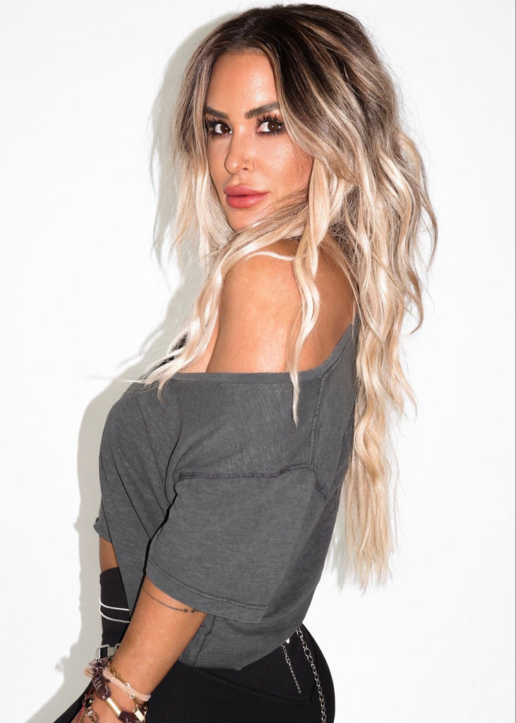 pebby forevee V-Neck Short Sleeve Top CROPPED PREMIUM PLUNGE V-NECK MINERAL WASHED SIDE SLIT TOP