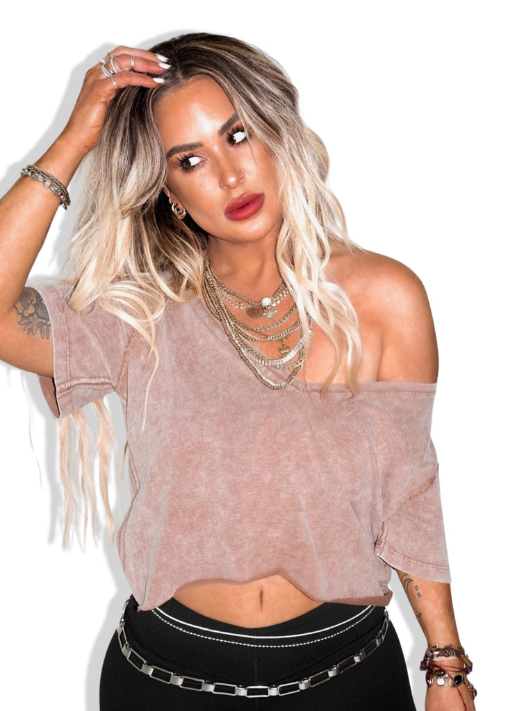 pebby forevee V-Neck Short Sleeve Top CROPPED PREMIUM PLUNGE V-NECK MINERAL WASHED SIDE SLIT TOP