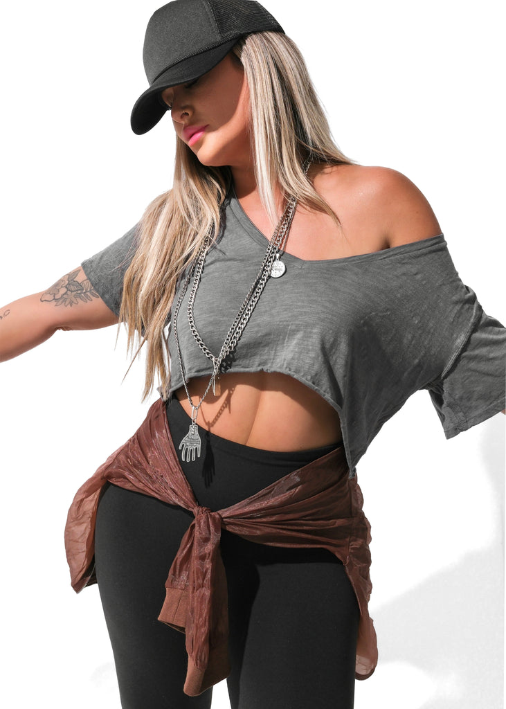 pebby forevee V-Neck Short Sleeve Top CROPPED PREMIUM PLUNGE V-NECK MINERAL WASHED SIDE SLIT TOP