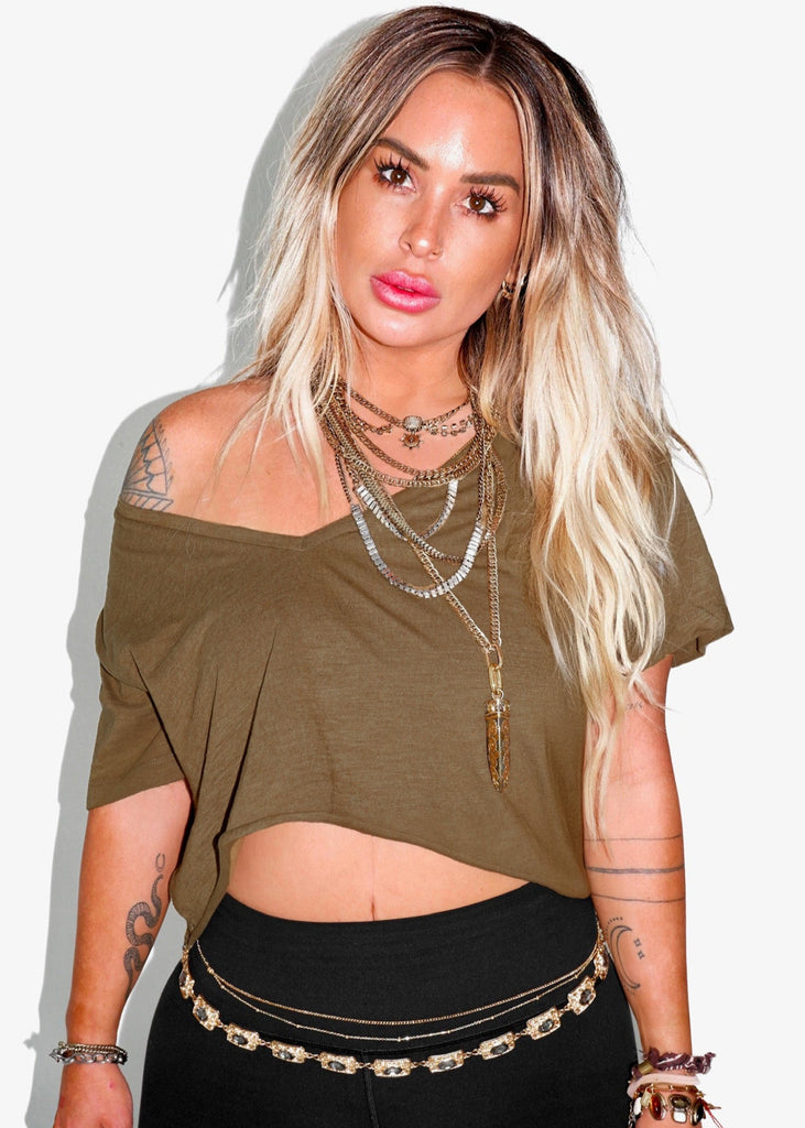 pebby forevee V-Neck Short Sleeve Top CROPPED PREMIUM PLUNGE V-NECK SIDE SLIT TOP