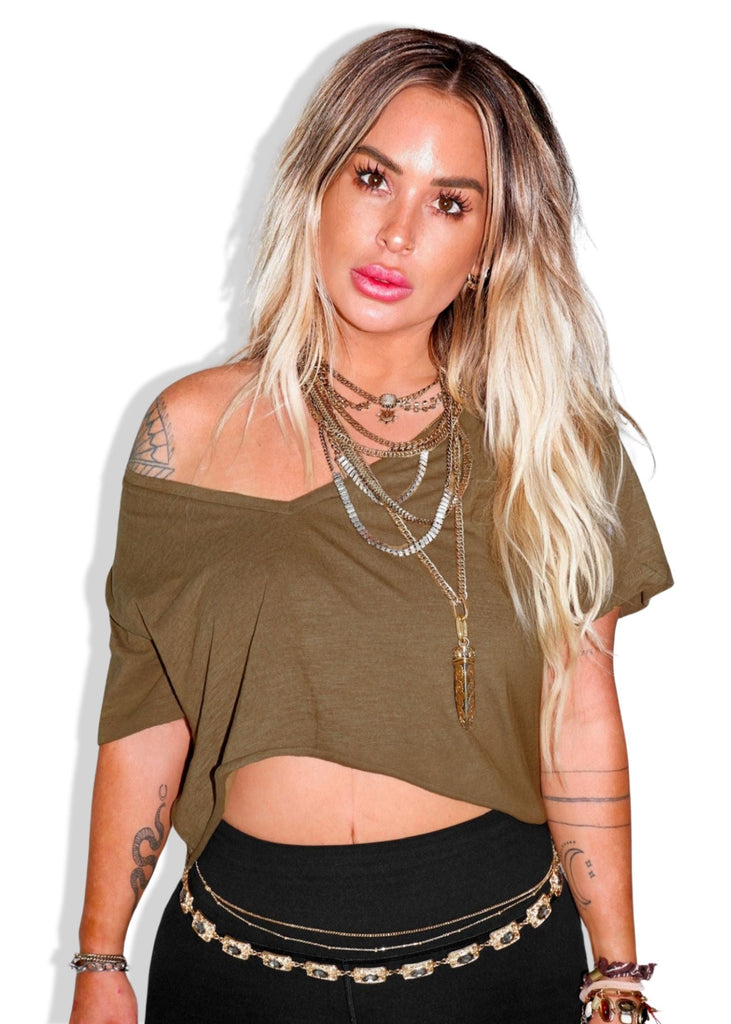 pebby forevee V-Neck Short Sleeve Top CROPPED PREMIUM PLUNGE V-NECK SIDE SLIT TOP
