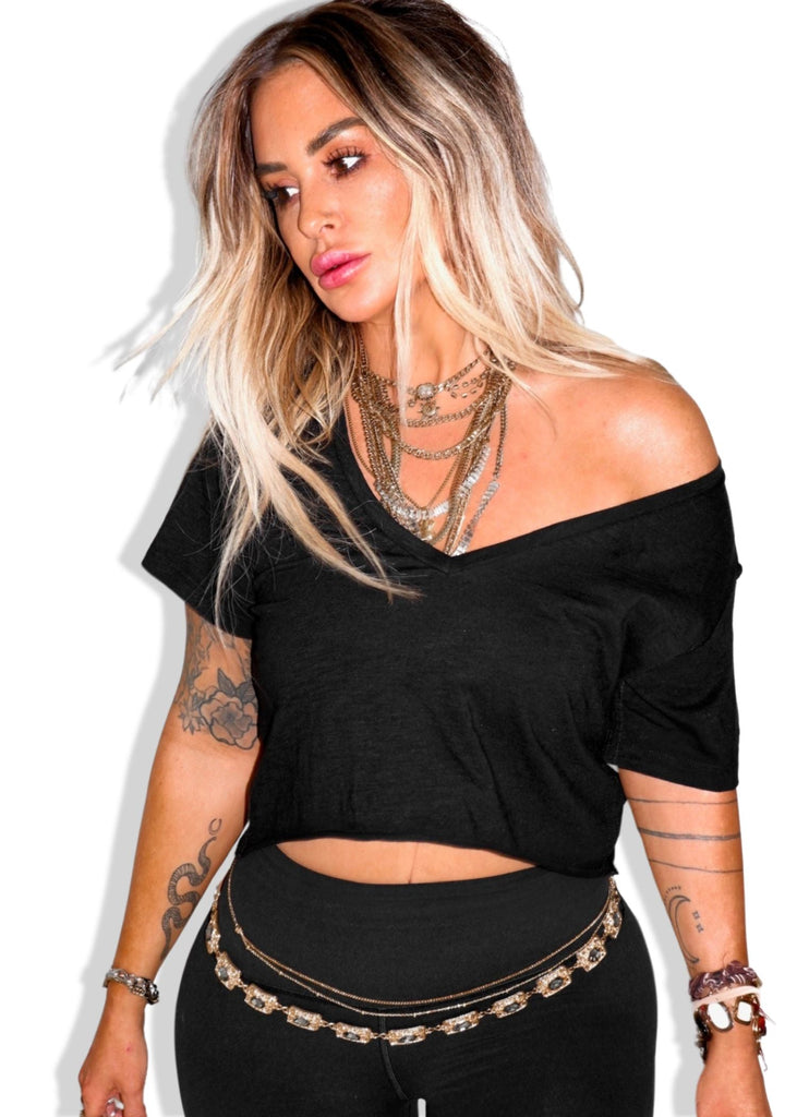 pebby forevee V-Neck Short Sleeve Top CROPPED PREMIUM PLUNGE V-NECK SIDE SLIT TOP