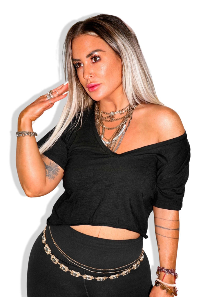 pebby forevee V-Neck Short Sleeve Top CROPPED PREMIUM PLUNGE V-NECK SIDE SLIT TOP