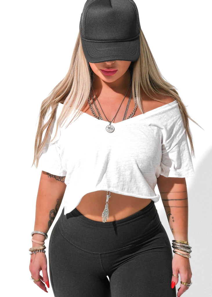 pebby forevee V-Neck Short Sleeve Top CROPPED PREMIUM PLUNGE V-NECK SIDE SLIT TOP