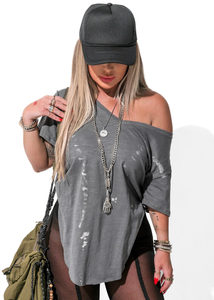 pebby forevee V-Neck Short Sleeve Top PREMIUM PLUNGE V-NECK BLEACHED OUT SIDE SLIT TOP