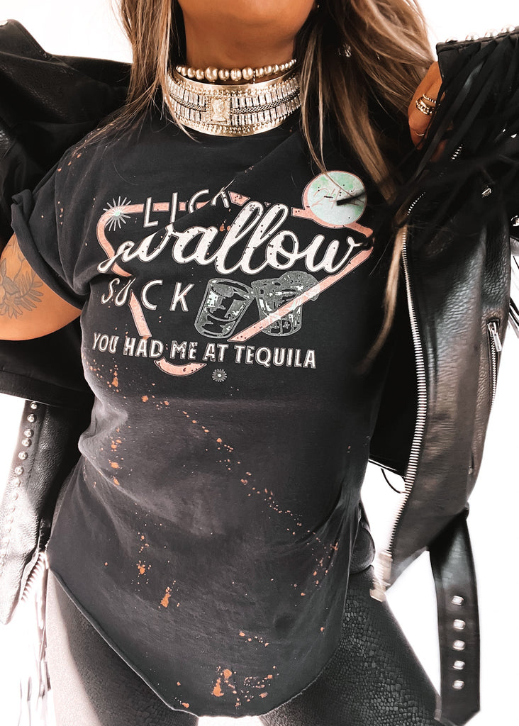 pebby forevee Side Slit Tee YOU HAD ME AT TEQUILA BLEACHED OUT SIDE SLIT TEE